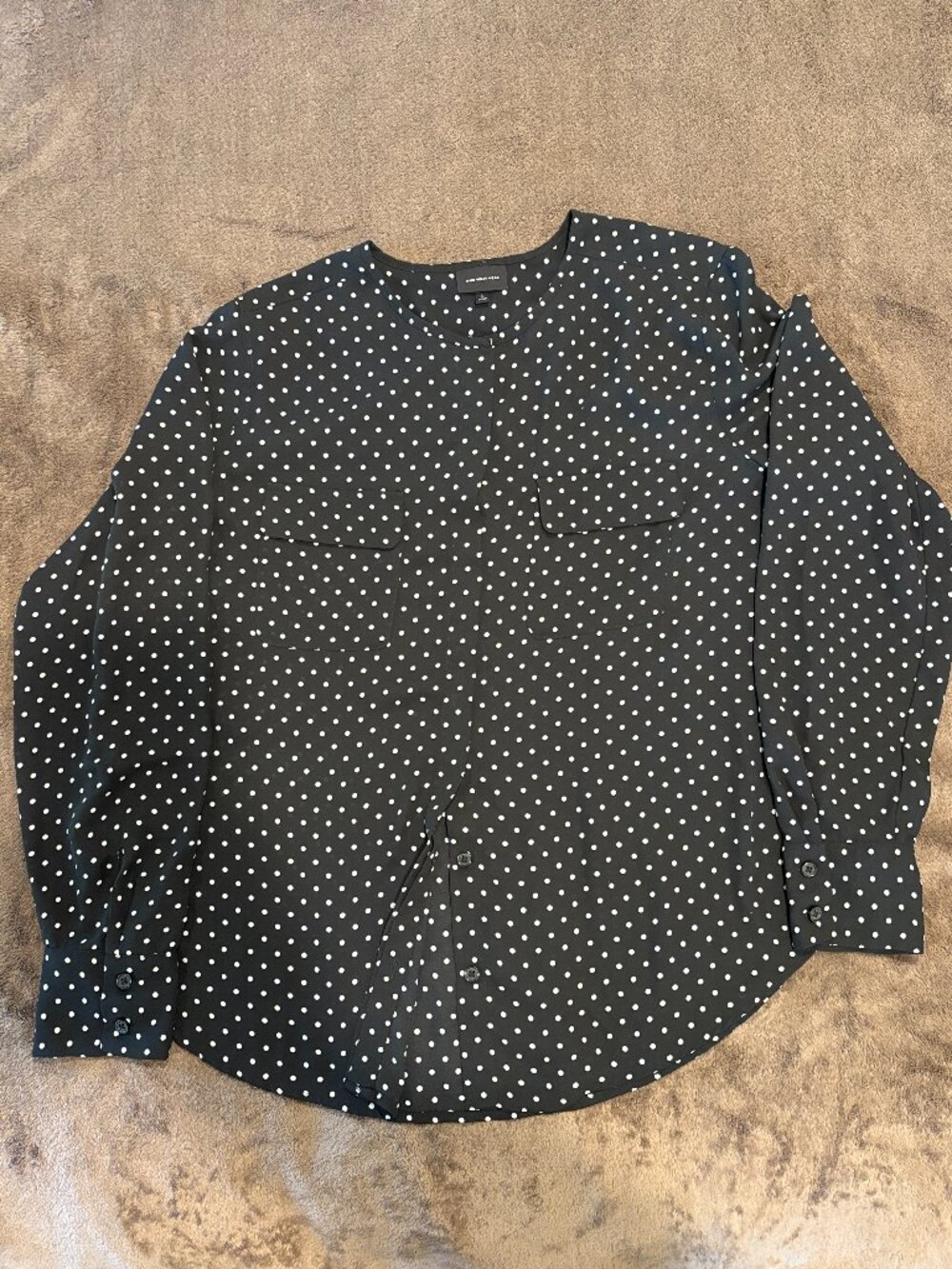 Who What Wear Polka Dot Collarless Button Down Blouse Top Black White L